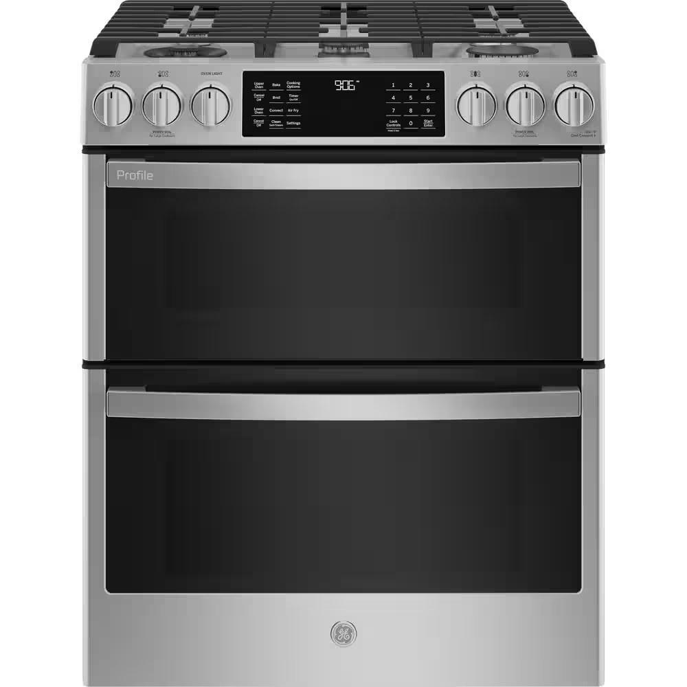 GE Profile 30-in 5 burners 4.3-cu ft / 2.4-cu ft Air Fry Convection Oven Slide-In Double Oven Gas Range ( Fingerprint Resistant Stainless Steel ) Model# PGS960YPFS