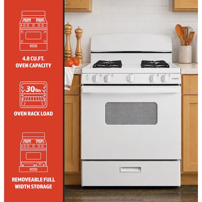 Hotpoint 30-in 4 burners 4.8-cu ft Single oven gas range Natural Gas Range Model# RGBS330DRWW — photo 2